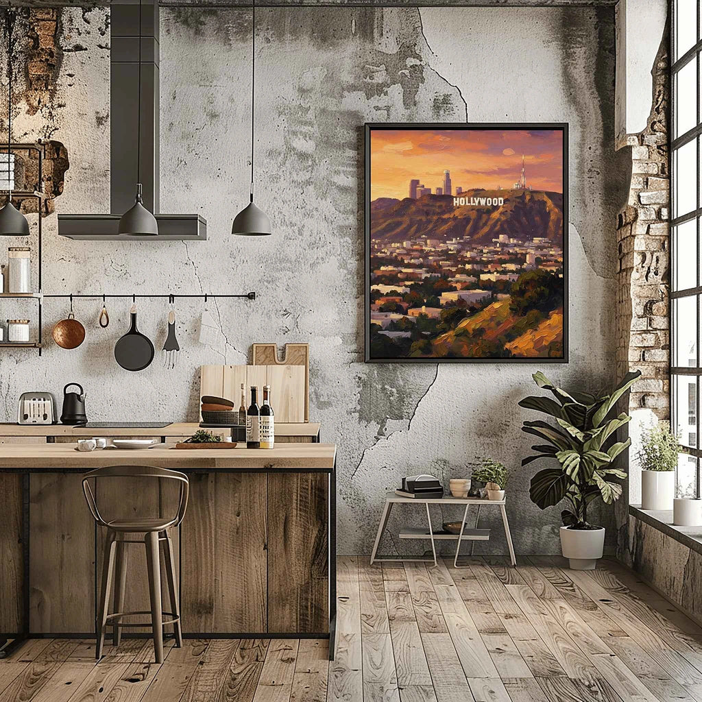 Hollywood Glow: Iconic Sign & Los Angeles Skyline Sunset Oil Painting
