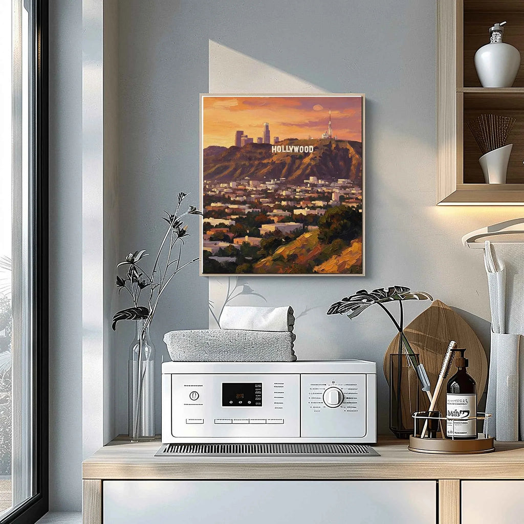 Hollywood Glow: Iconic Sign & Los Angeles Skyline Sunset Oil Painting