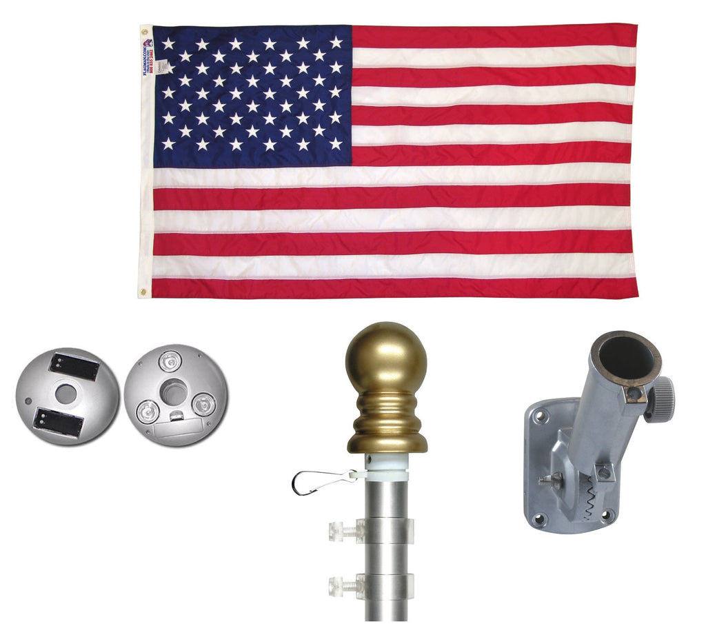 Illuminated Non Tangle Flagpole Kit w/ Flag, Adjustable Bracket, Aluminum Pole & Solar Light