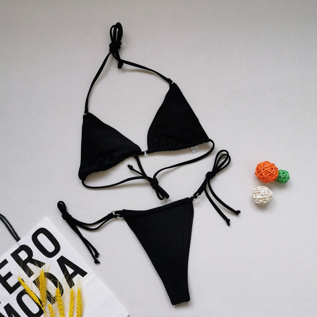 Sexy Triangle Soft Bag Drawstring Bikini Strap Backless Lace Up Swimsuit Women