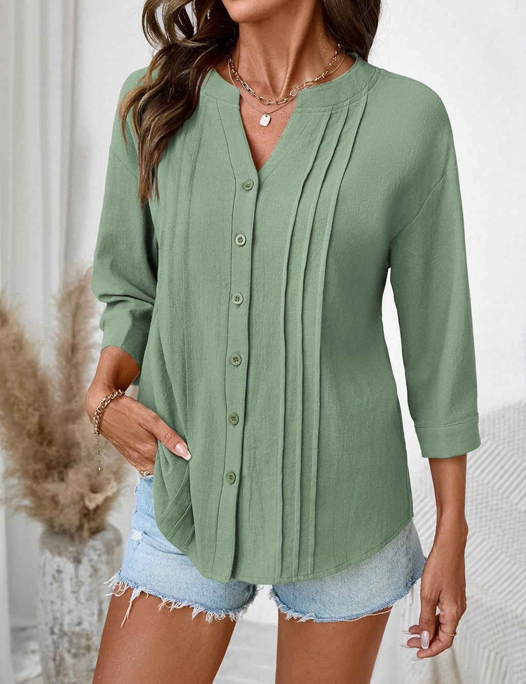 Half Open Collar Single Breasted Pleated Cropped Sleeve Blouse