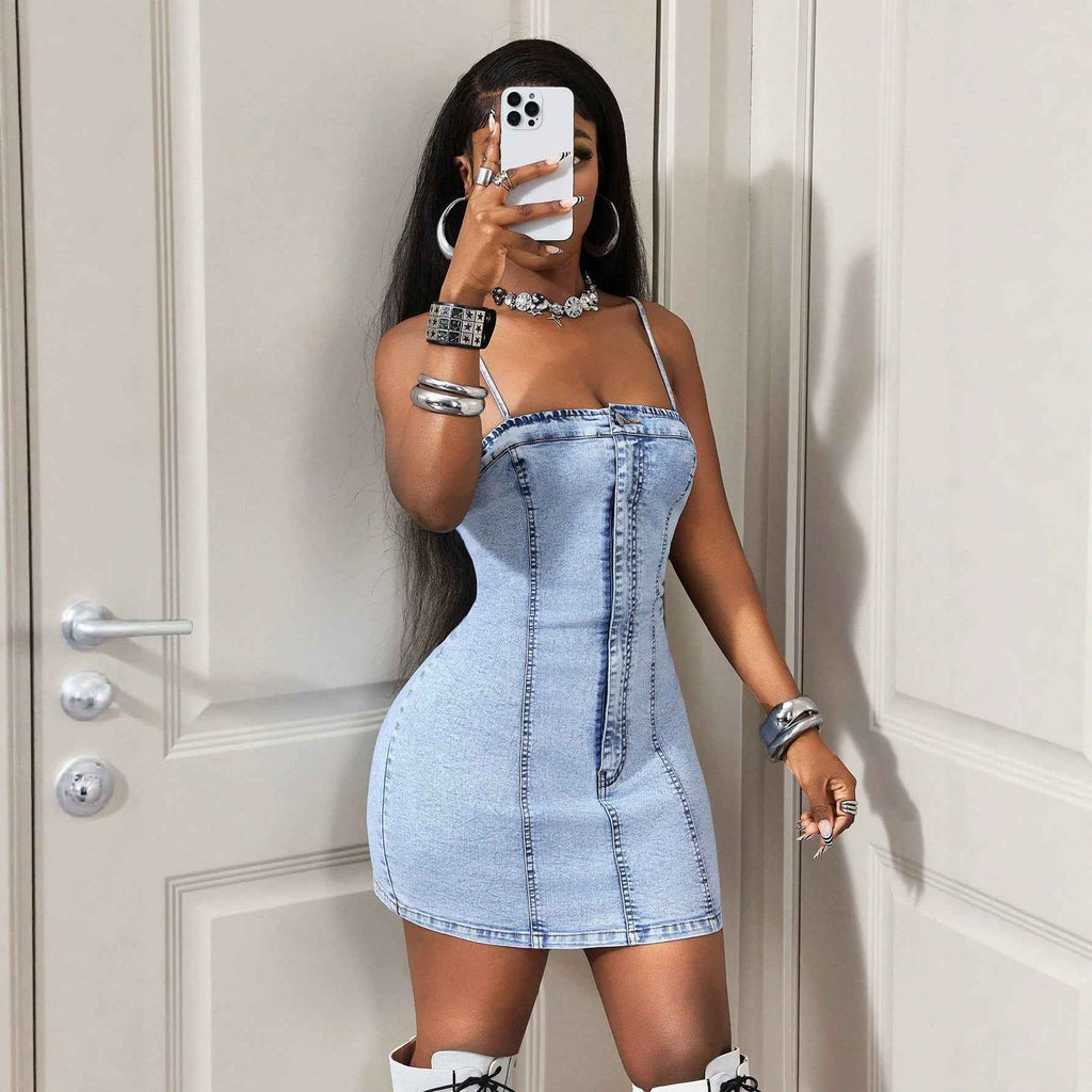 Sling Waist Slimming Sheath Women Denim Dress