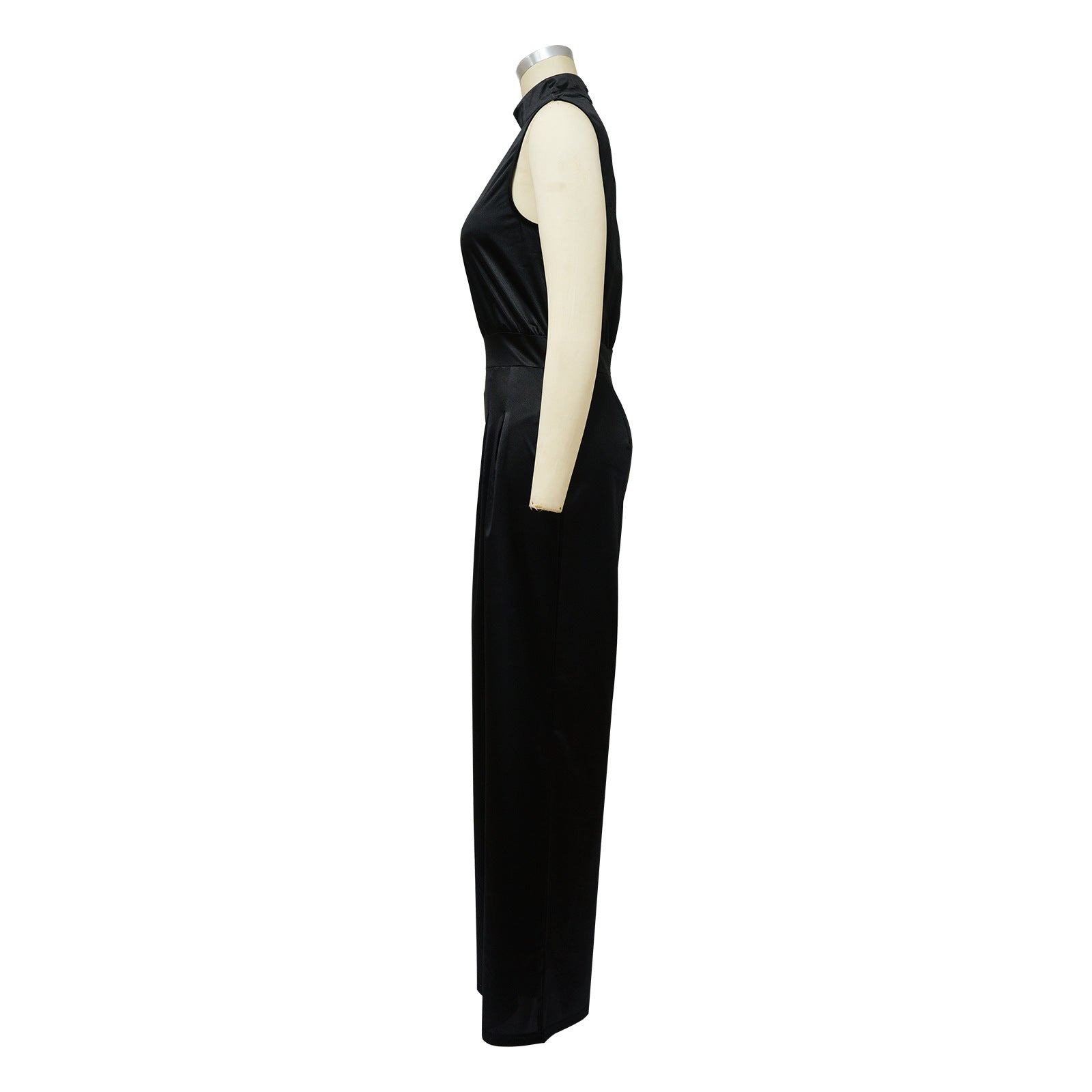 Solid Color Turtleneck Sleeveless Fitted Waist Jumpsuit No Belt