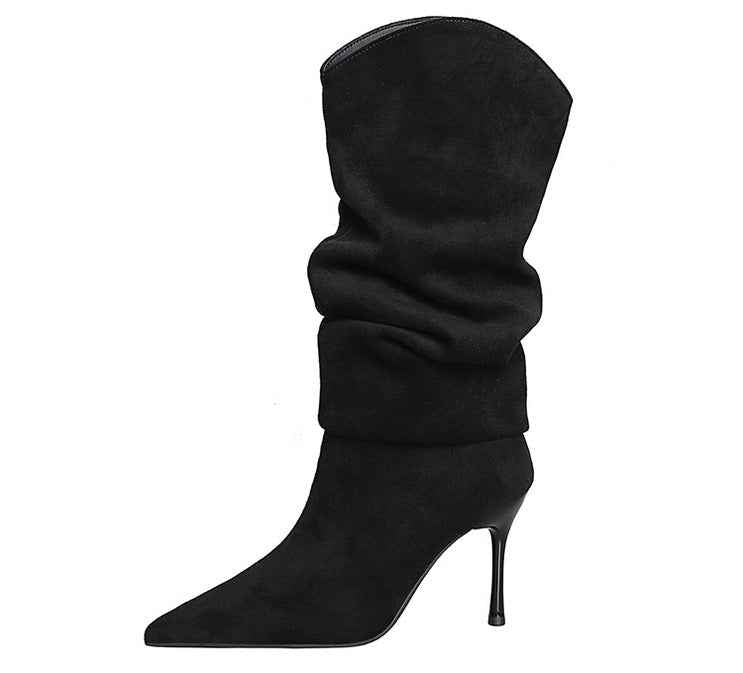 Stiletto Boots Women's Thin below the Knee Pointed Toe Pleated