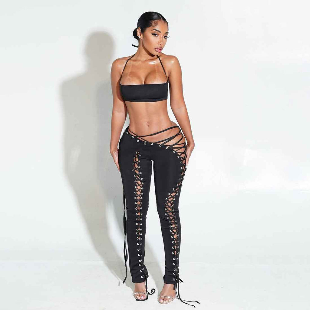Street Lace up Jumpsuit Two Piece Set