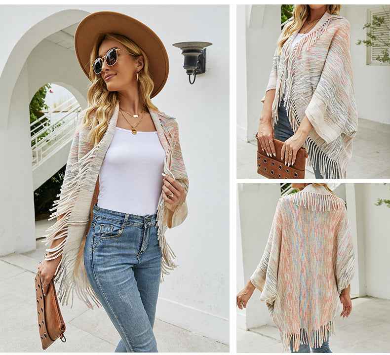 Shawl Sweater Tassel Hem Cardigan