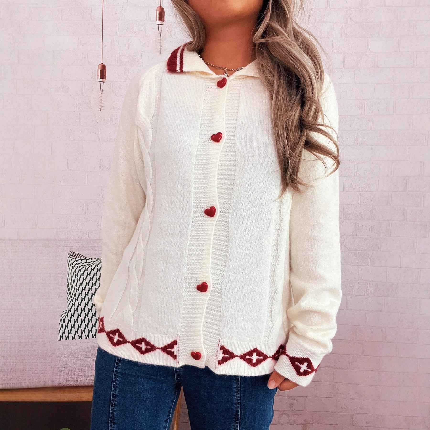 Valentine's Day Retro Pattern Cute Love Button Long Sleeve Knit Cardigan Sweater