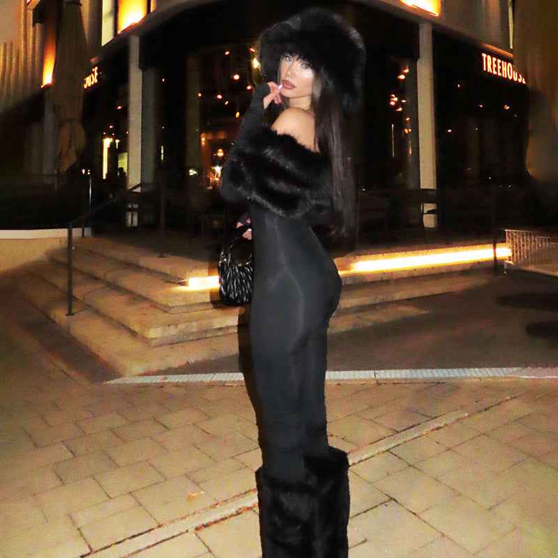 Sexy off the Shoulder Furry Slim Fit Patchwork Jumpsuit