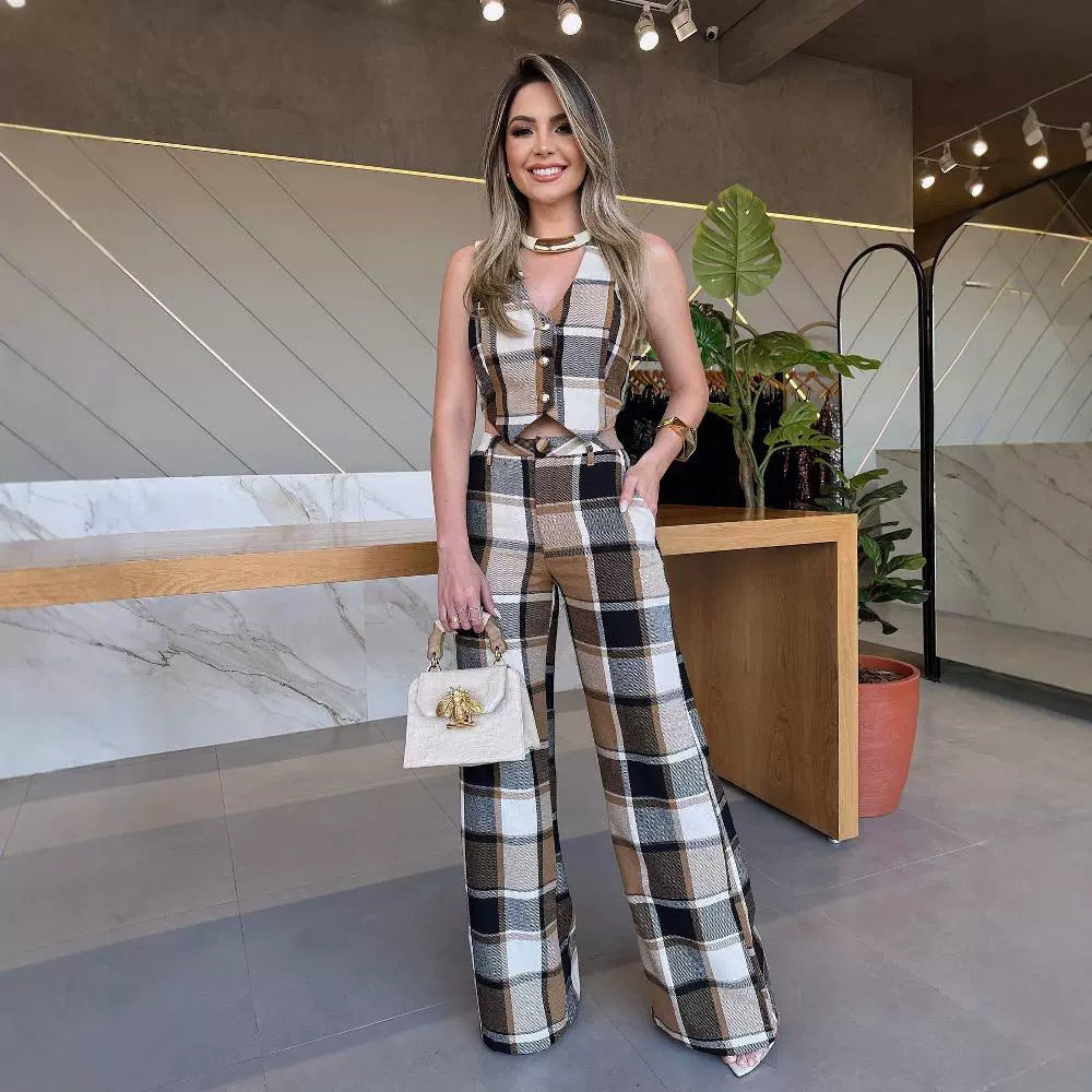 Plaid Sleeveless Vest Straight-leg Jumpsuit