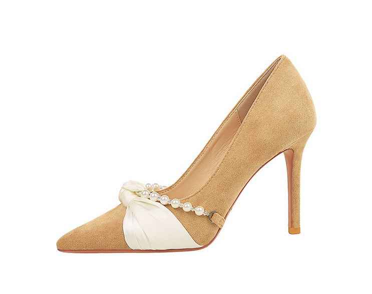 French Elegant Socialite Pearl Bow Pointed Low Cut Suede Stiletto Heel Pumps for Women