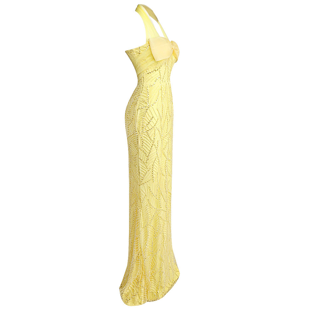 Yellow Heavy Industry Tube Bead Bow Halter Formal Dress