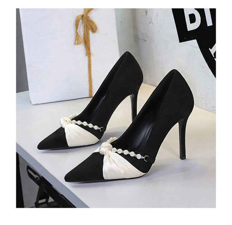 French Elegant Socialite Pearl Bow Pointed Low Cut Suede Stiletto Heel Pumps for Women