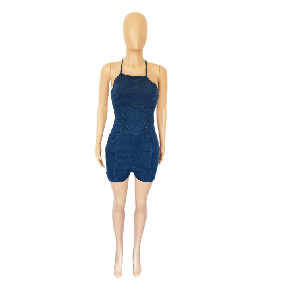 Casual Slim Fit Backless Bandage Denim Jumpsuit