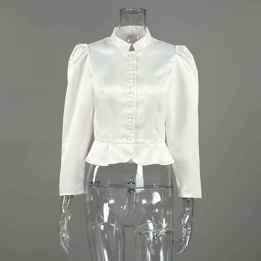 Spring Arrival French Stand Collar Puff Sleeve Blouse