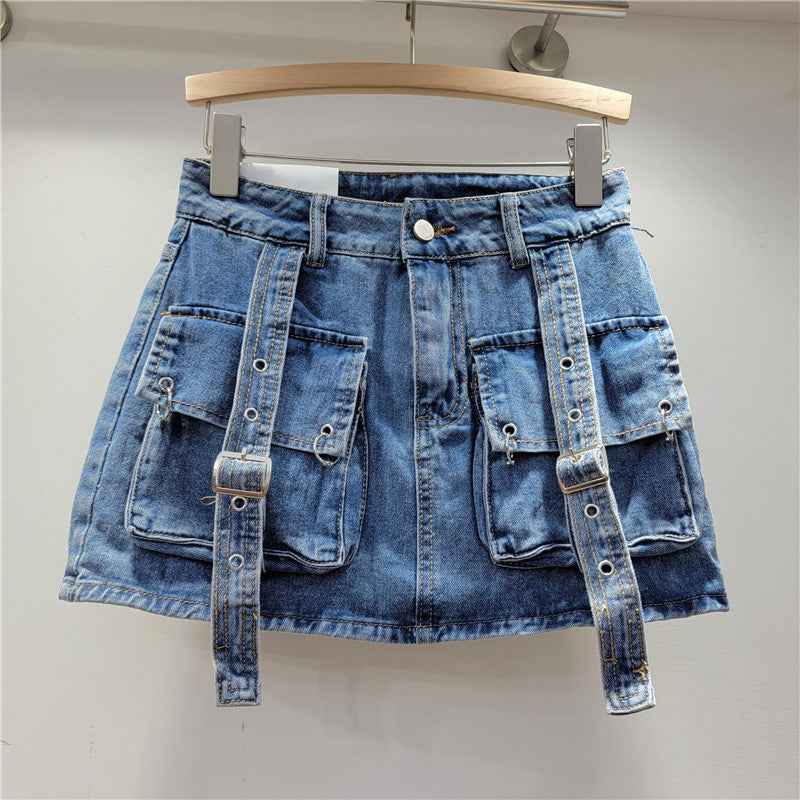 Retro Sexy Pink Three Dimensional Pocket Strap Anti Exposure A Line Slimming Skirt