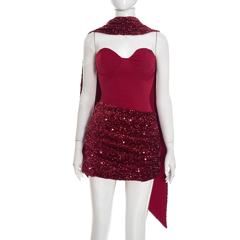 Halter Ribbon Asymmetric Pleated Draped Mini Dress