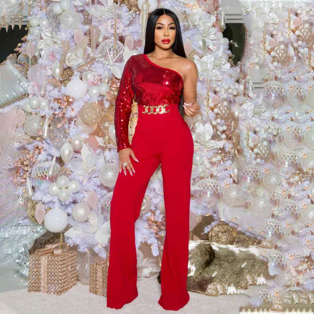 Shoulder Sleeve Sequin Stitching Jumpsuit