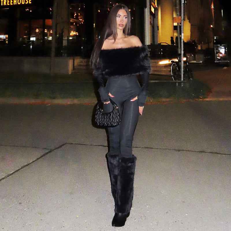 Sexy off the Shoulder Furry Slim Fit Patchwork Jumpsuit