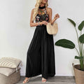 Summer Sleeveless See through Halter Lace Jumpsuit Embroidered Stitching Pleated