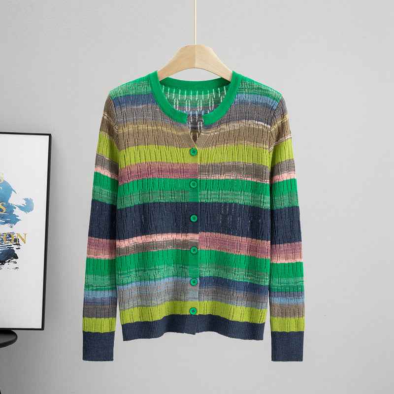Striped Long Sleeved Loose Knitted Cardigan Sweater