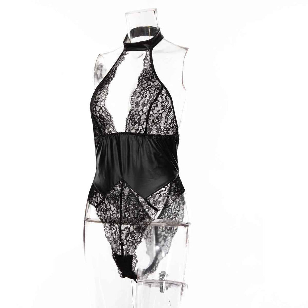 Sexy Patent Leather Lace Stitching One Piece Nightclub Temptation Sexy Lingerie Set