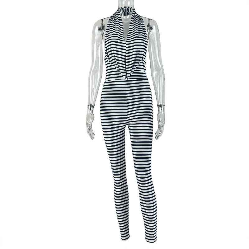 Striped Jumpsuit Swing Collar