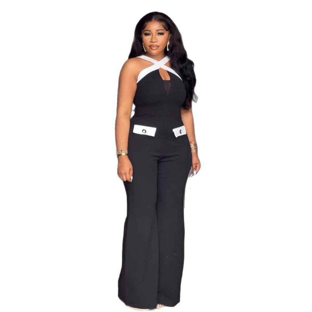 Elegant Office Contrast Color Cross Strap Jumpsuit