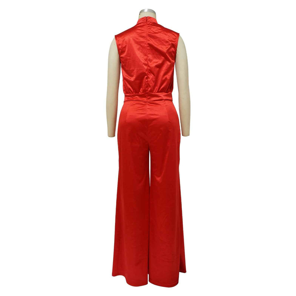 Solid Color Turtleneck Sleeveless Fitted Waist Jumpsuit No Belt