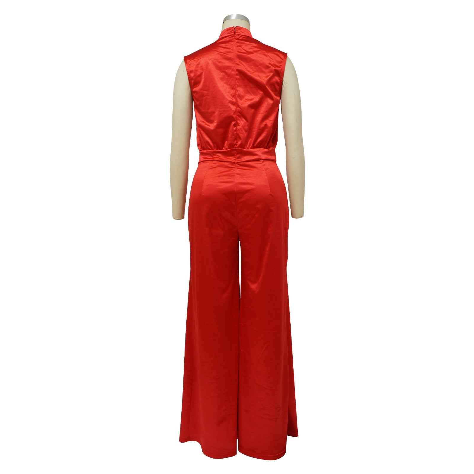 Solid Color Turtleneck Sleeveless Fitted Waist Jumpsuit No Belt