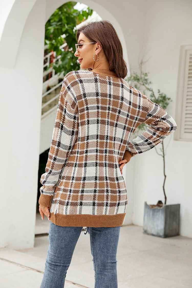 Plaid Sweater Knitted Cardigan
