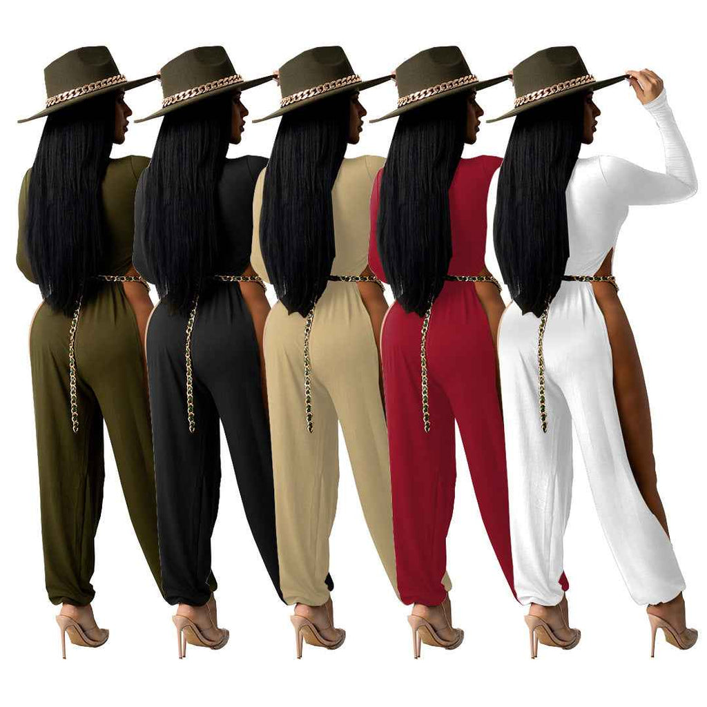 Sexy Open-Leg Jumpsuit Solid Color