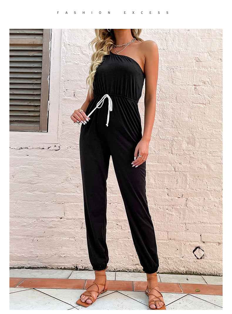 Summer New Black Drawstring High Waist One Shoulder Jumpsuit