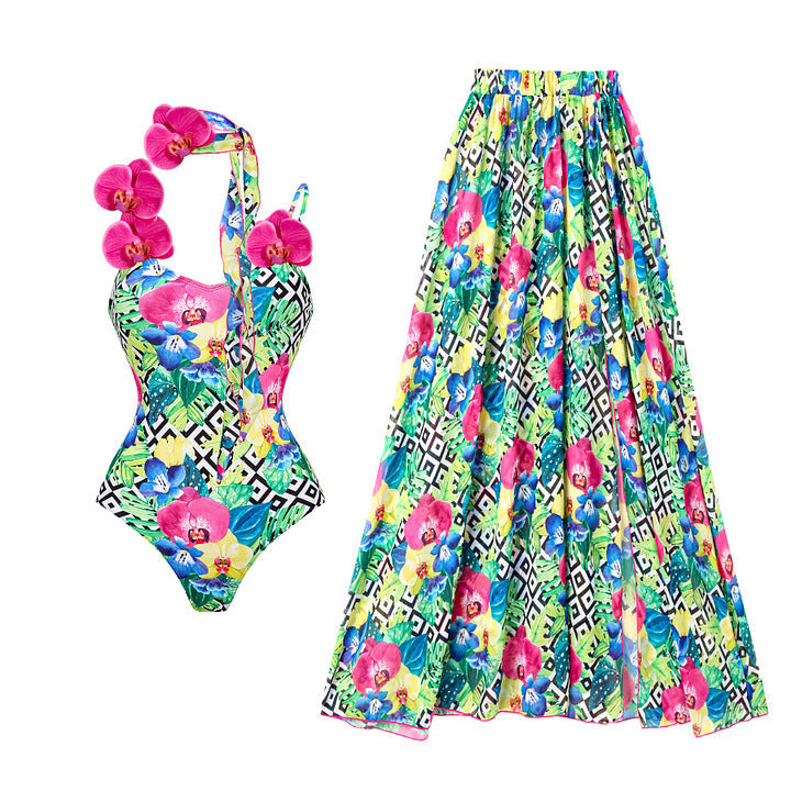 Floral Shoulder Strap Hollow Out Cutout Print One Piece Swimsuit Women Holiday