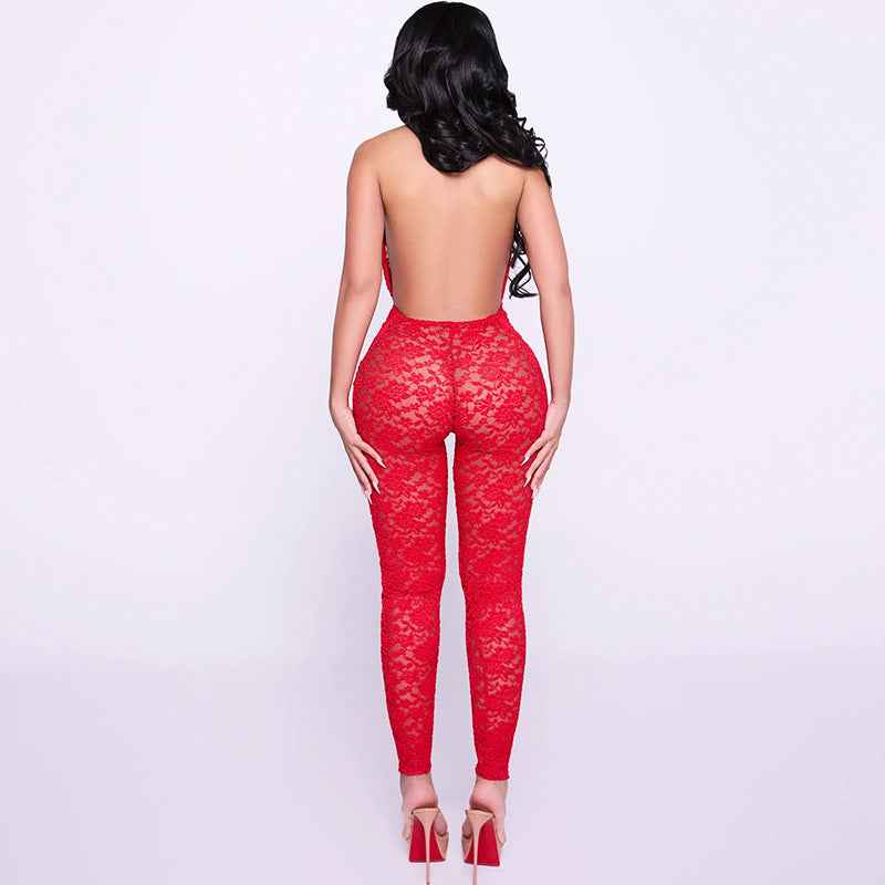 Sexy Lace Stitching Halter Backless Slim Fit Jumpsuit
