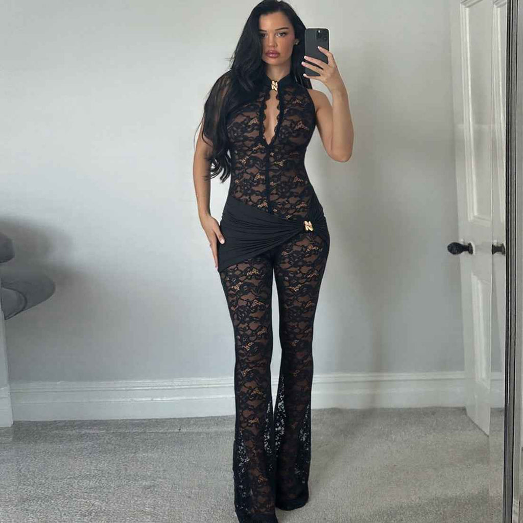 Lace Stitching Sleeveless Sexy High Waist Slim Fit Micro Pull Jumpsuit