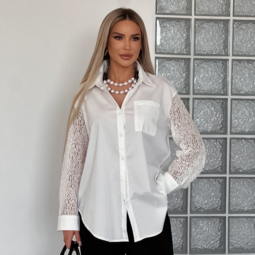 Lace Stitching Hollow Out Long Sleeve Collared Blouse