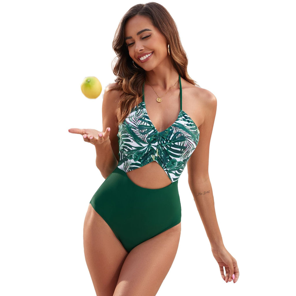 One Piece Swimsuit Women Printed Stitching Leaves One Piece Swimsuit Swimwear
