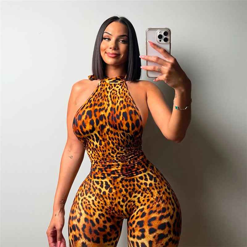 Summer Sexy Backless Halter Lace up Leopard Print Jumpsuit for Women