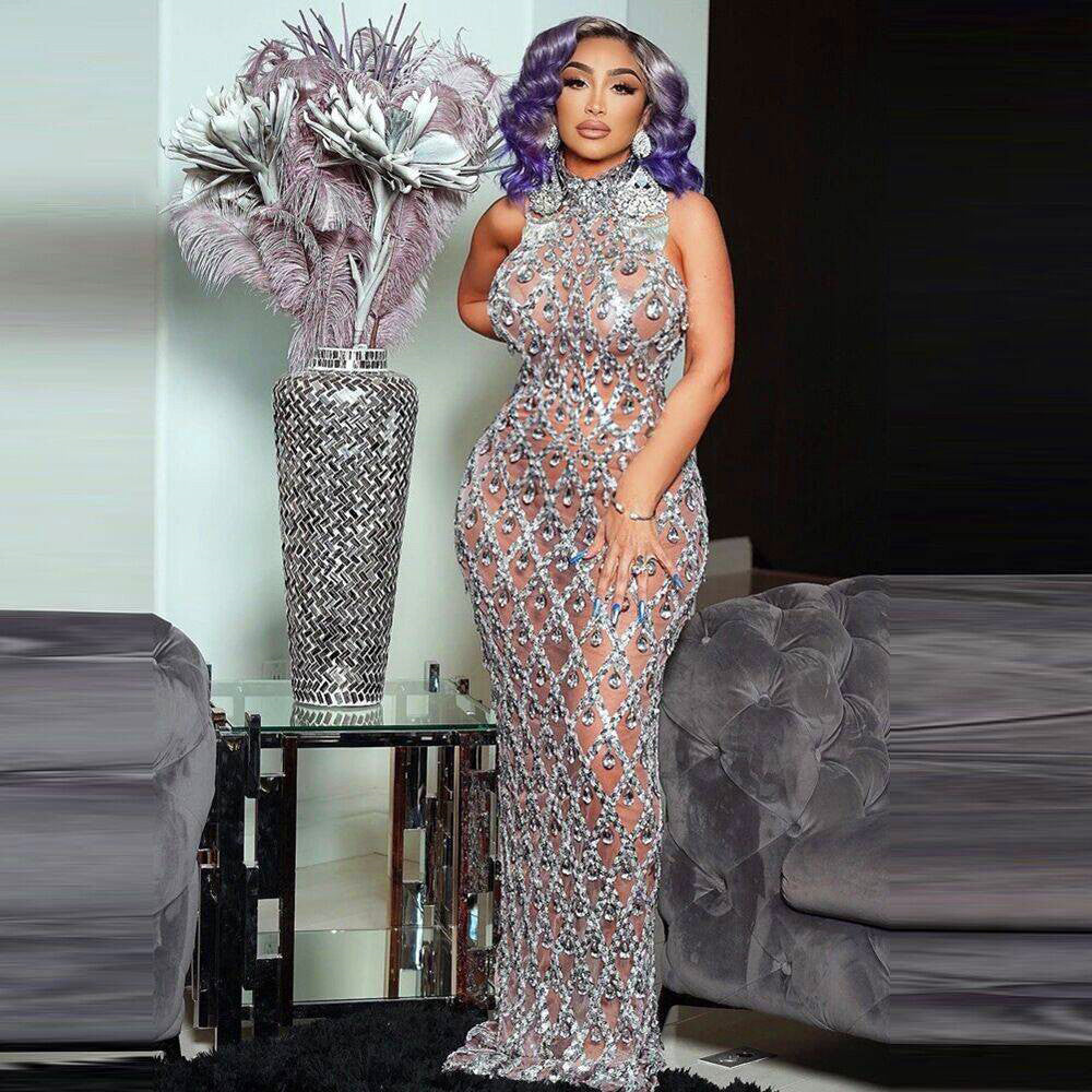 Rhinestone Halter Sleeveless Floor Dress