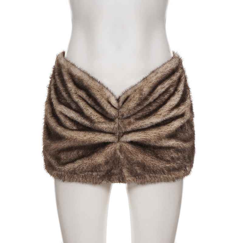 Pleated Low Waist Sexy Fur Sheath Skirt