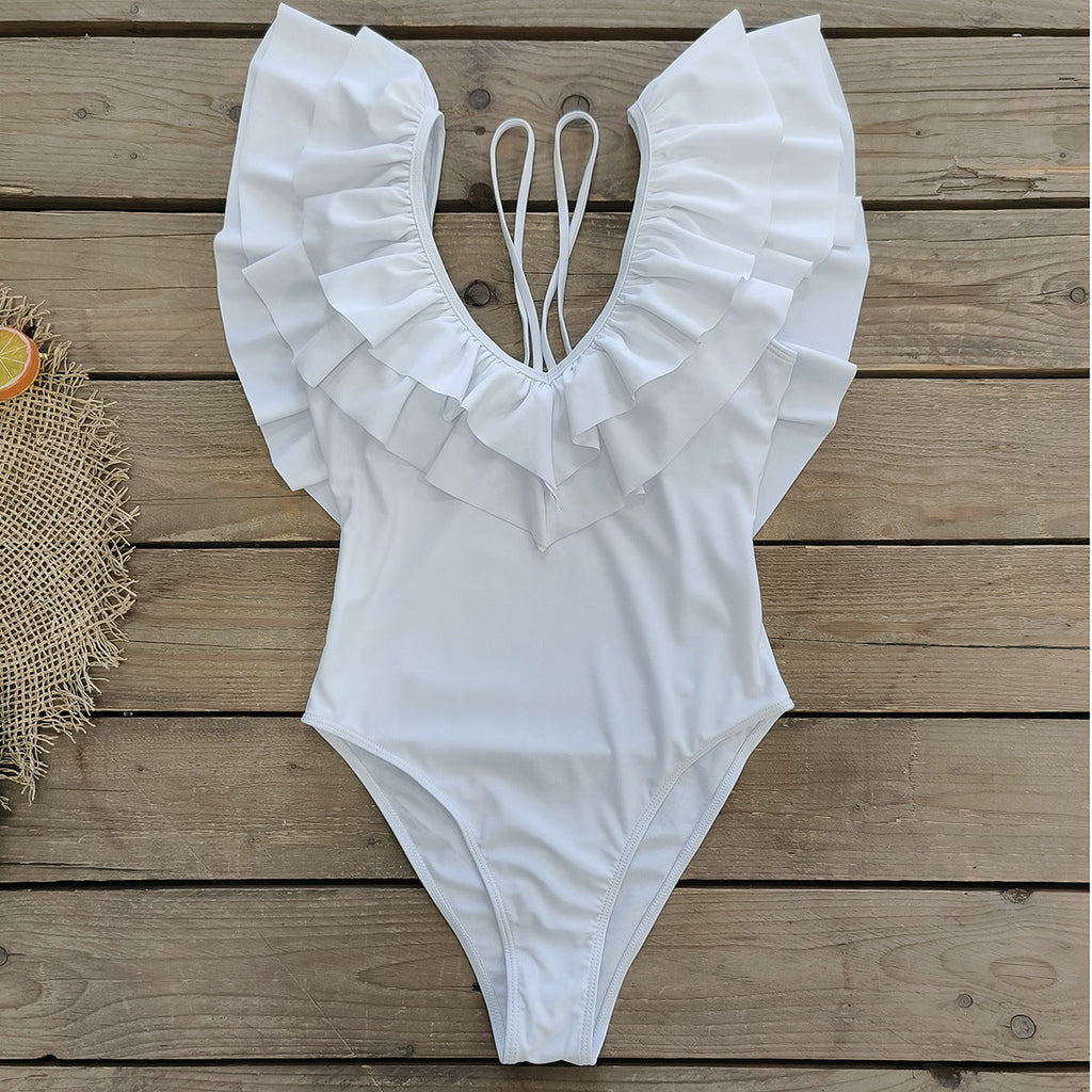 Solid Color Double Layer Ruffled Deep V Plunge Spaghetti Straps One Piece Swimsuit Women Swimsuit