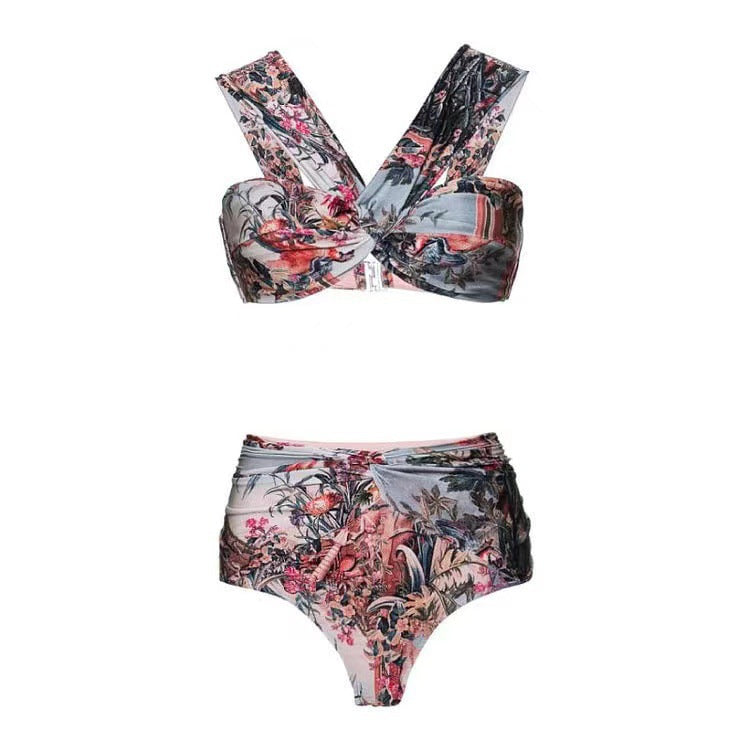 Vacation Beach Dress Swimsuit Women's Retro Printed Spring Bathing Suit Three Piece Suit