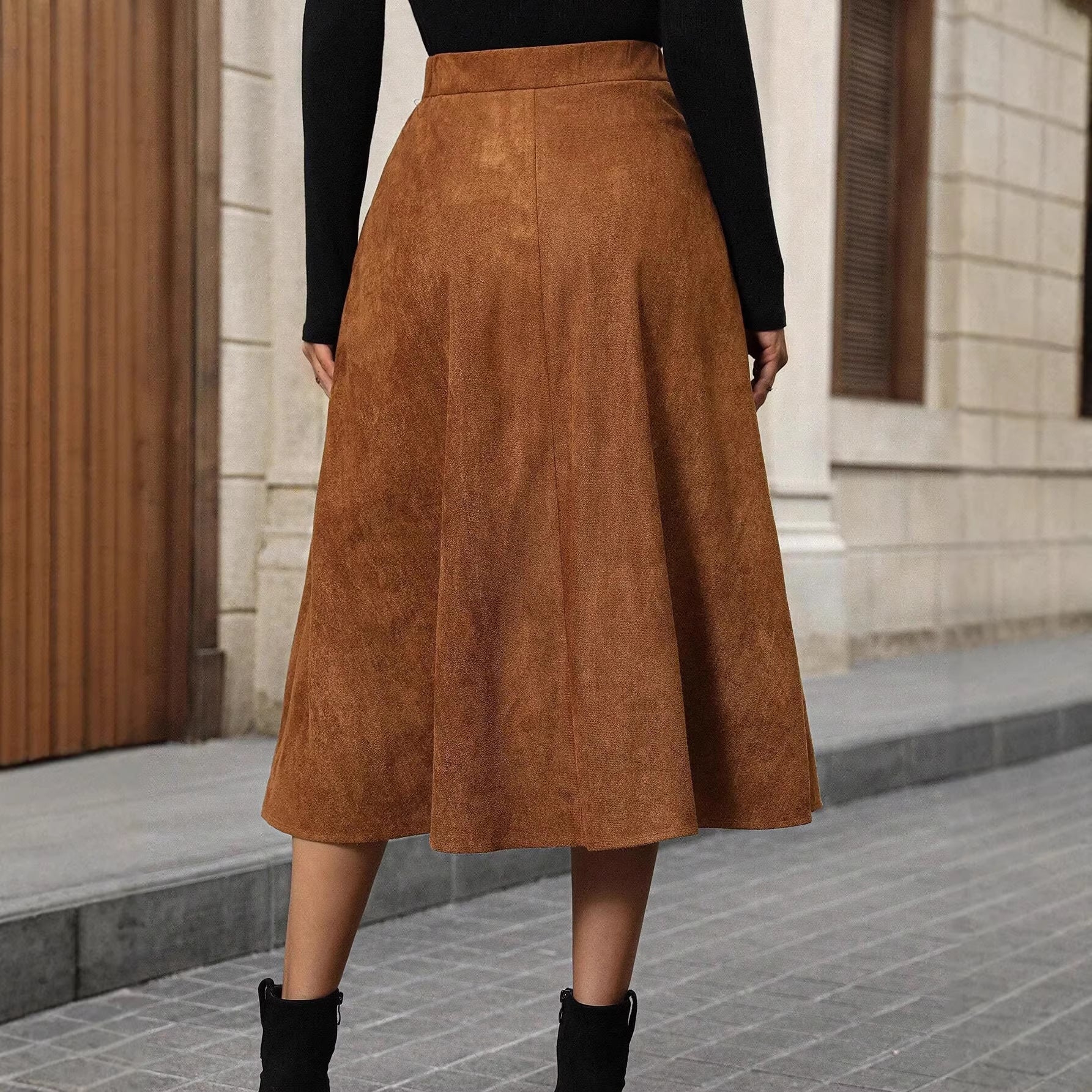 Suede Ruffled Brown Skirt High Waist Irregular Asymmetric Mid Length Sheath
