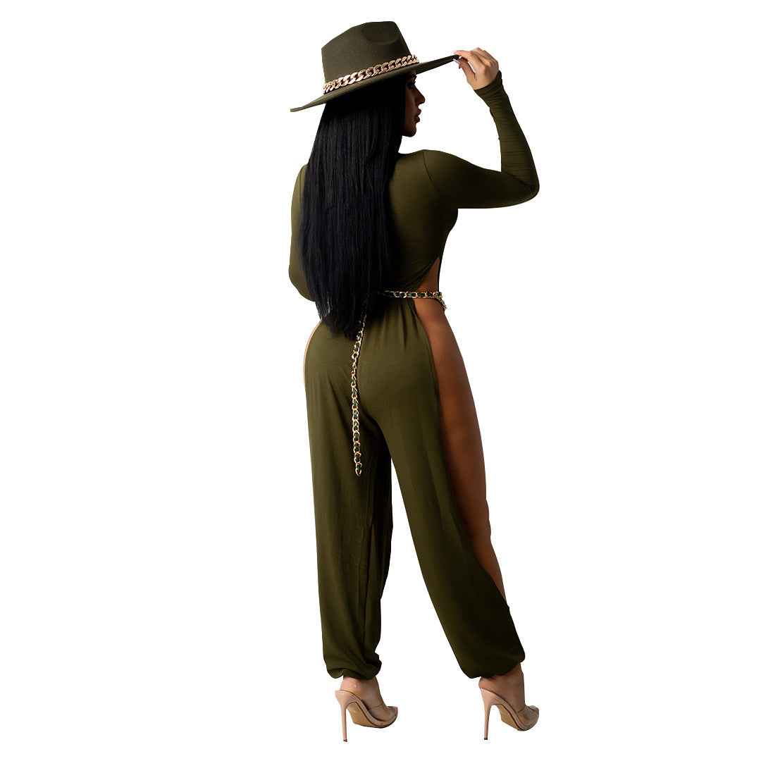 Sexy Open-Leg Jumpsuit Solid Color