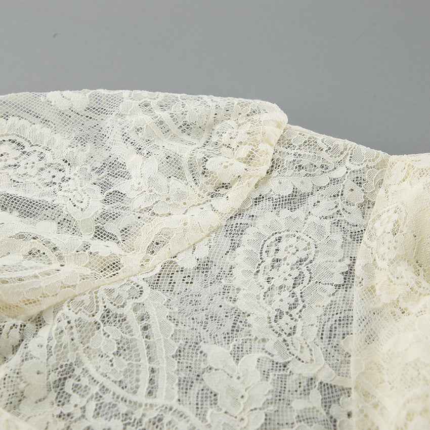 French Ribbon See through Cutout Blouse