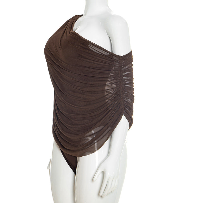 Pleated Sloping Shoulder Women's Elegant Bodysuit