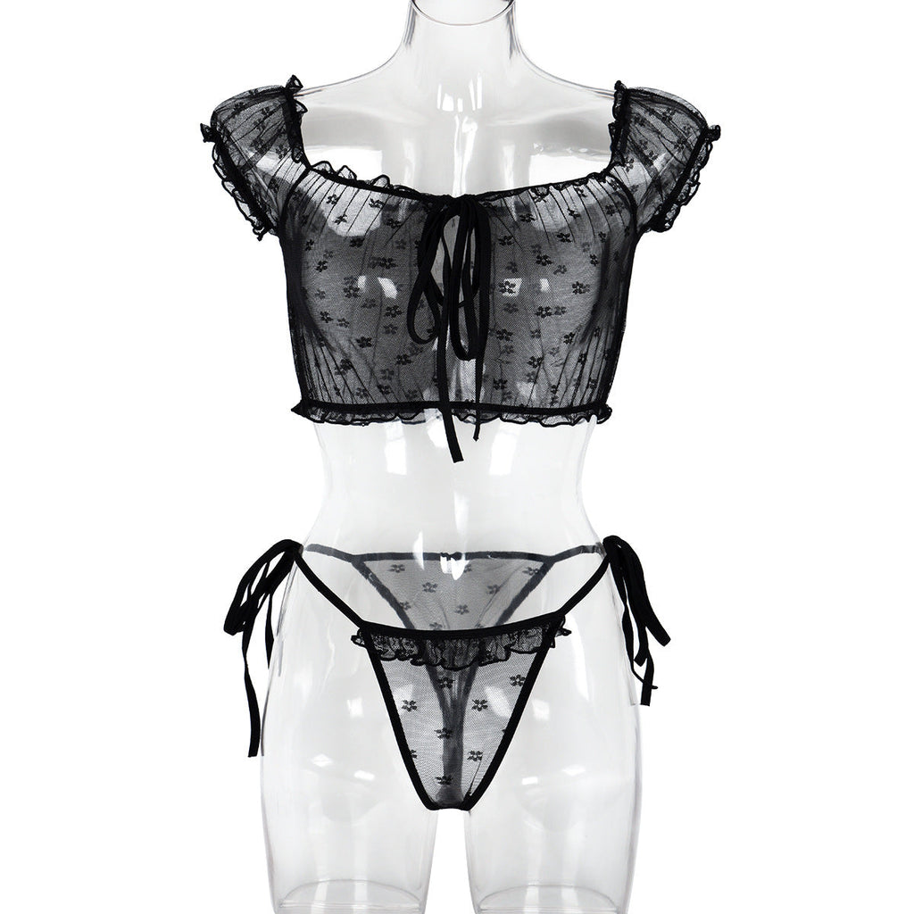 Sexy Underwear Two Piece Wooden Ear See through Bow Collar Sexy Cute Girl Set