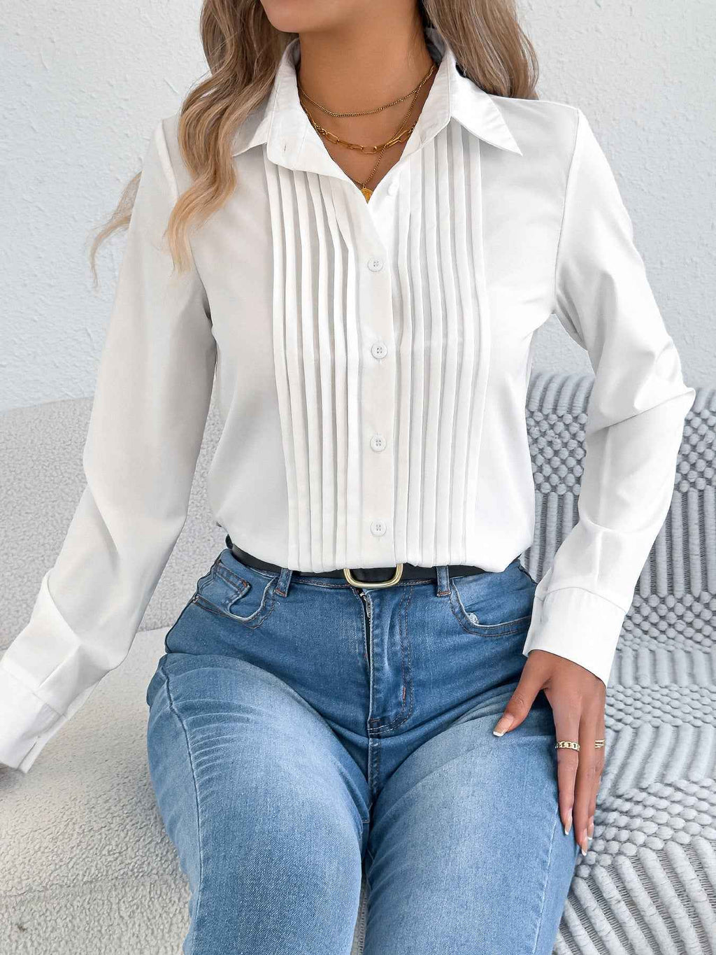 Elegant Pleated Solid Color Button Blouse