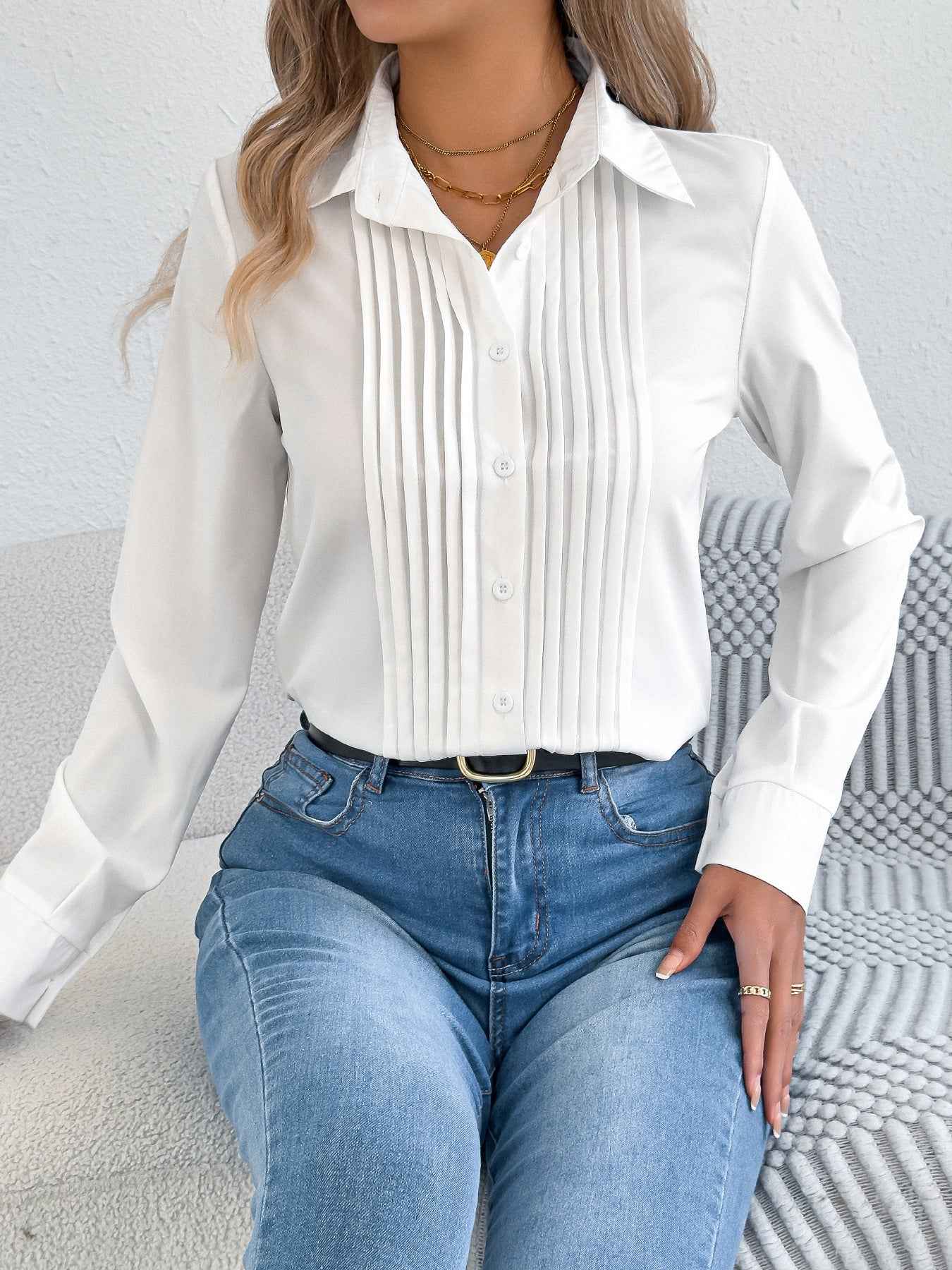 Elegant Pleated Solid Color Button Blouse