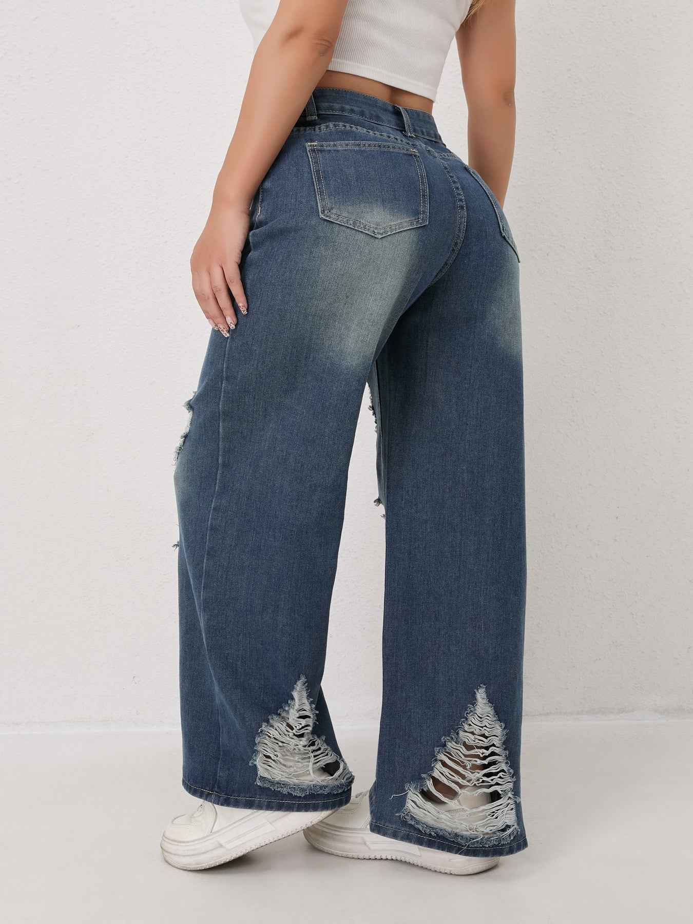 Distressed Worn Wide Leg Jeans